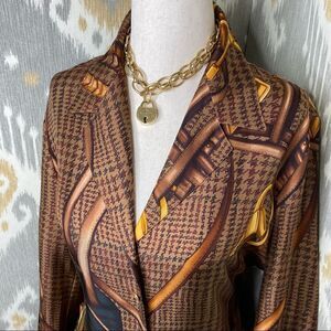 Ralph Lauren Brown Multi Glen Plaid Equestrian Elegance Silk Print Blouse